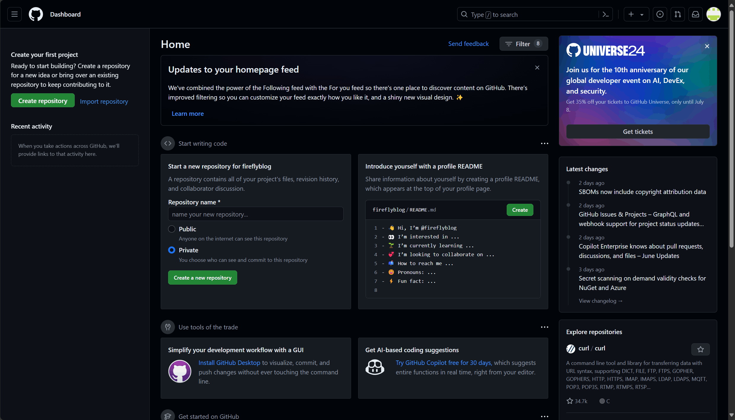 GitHub 控制台新建仓库入口
