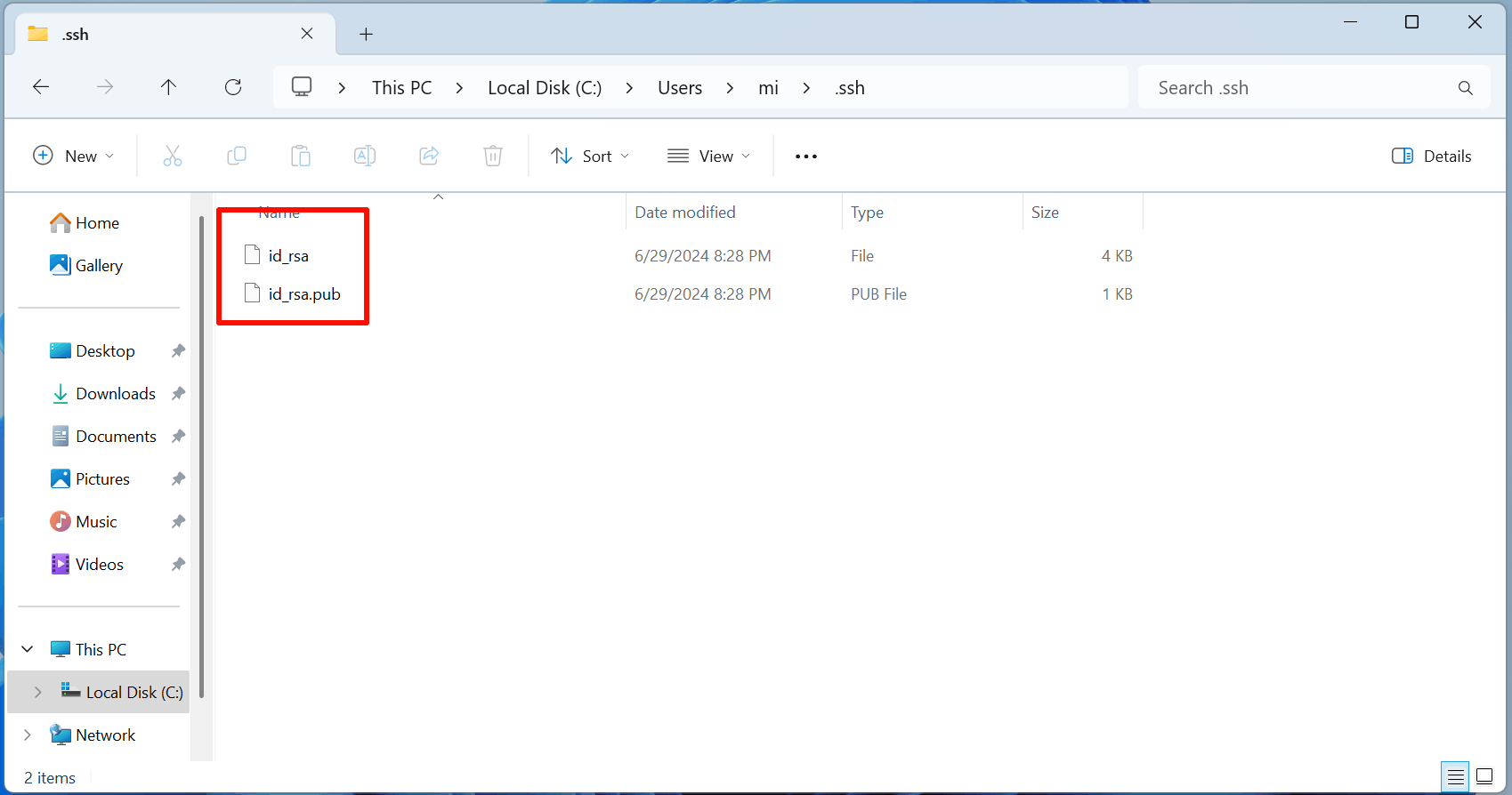 Windows 用户目录中的 SSH 密钥文件