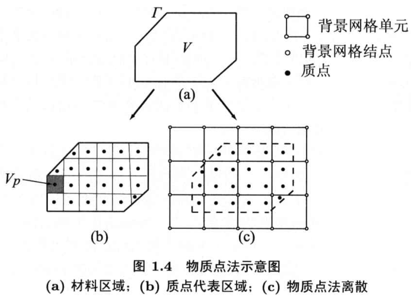 材料区域、物质点与背景网格的离散关系